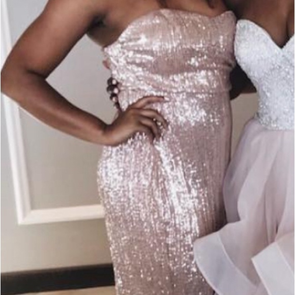 Rose Gold Sequin Chloe Strapless Gown for Wedding Guest